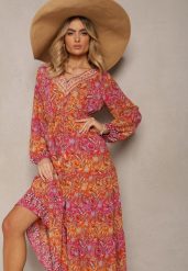 Czerwona Sukienka z Dekoltem w V o Rozkloszowanym Fasonie w Print Paisley Akka. Czerwone sukienki damskie Renee, na co dzień, l, bez wzorów, z zamszu, eleganckie, bez kołnierzyka, bez ramiączek, maxi, rozkloszowane. Za 79.99 zł.