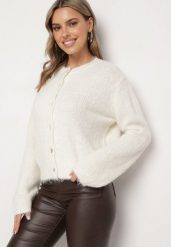 Biały Casualowy Kardigan o Klasycznym Kroju Riathiel. Białe kardigany damskie Born2be, uniwersalny, bez wzorów, z jeansu, eleganckie, bez kołnierzyka, bez ramiączek, długie, bez kaptura. Za 169.99 zł.
