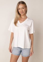 Biały T-shirt z Bawełny z Trójkątnym Dekoltem Siliphe. Białe bluzki damskie Born2be, uniwersalny, bez wzorów, z bawełny, biznesowe, bez kołnierzyka, bez ramiączek. Za 79.99 zł.