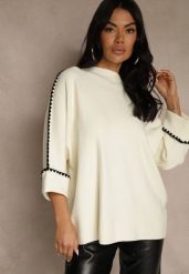 Jasnobeżowy Sweter Ozdobiony Lamówką na Rękawach Tusenna. Brązowe swetry damskie Renee, bez wzorów, z jeansu, casualowe, bez kołnierzyka, bez ramiączek, bez kaptura. Za 89.99 zł.