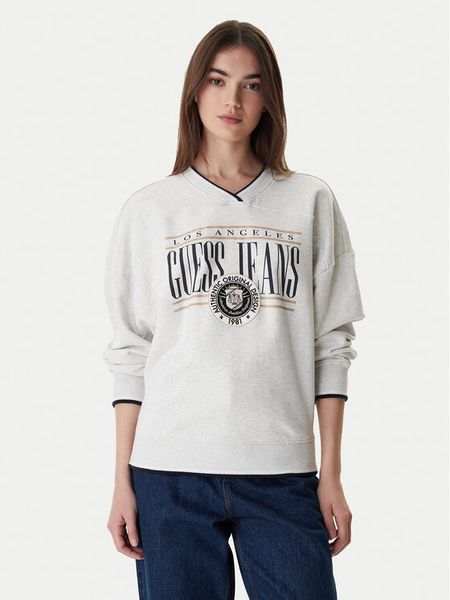 Guess Jeans Bluza W6RQ09 K68I4 Szary Oversize. Szare bluzy damskie Guess Jeans, xs, z aplikacjami, z bawełny, bez kaptura. Za 212.99 zł.