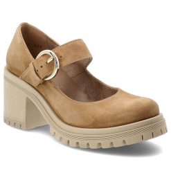 Półbuty damskie Armodo, cholewka ze skóry naturalnej zamszowej pasek z regulacją na metalową klamrę zabudowany przód na wysokim obcasie, brązowe, 201. Brązowe paski damskie Armodo, bez wzorów, ze skóry. Za 359.00 zł.