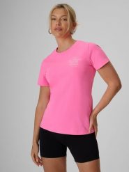 4F T-shirt regular z nadrukiem damski - różowy S. Czerwone t-shirty damskie 4f, s, bez wzorów, z bawełny, klasyczne, bez kołnierzyka. Za 59.99 zł.
