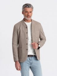 Stylowa marynarka męska bez klap - jasnobrązowa V2 - Rozmiar: XL. Brązowe marynarki męskie Ombre Clothing, bez wzorów, z materiału, eleganckie. W wyprzedaży za 149.99 zł.