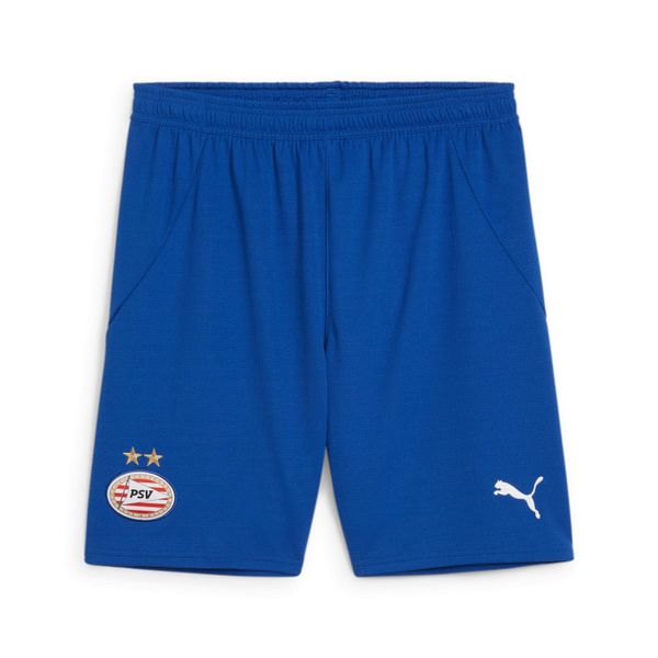 Szorty Puma PSV Eindhoven 2024/25. Niebieskie krótkie spodenki sportowe męskie Puma, s, bez wzorów, z materiału, do piłki nożnej. Za 194.50 zł.