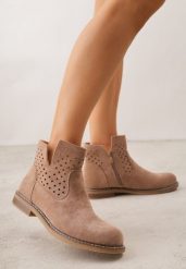 Ciemnobeżowe Ażurowe Botki na Płaskiej Podeszwie ze Skórzaną Wkładką Terilara. Brązowe botki damskie Renee, z jeansu, bez obcasa, na płaskiej podeszwie, bez zapięcia. Za 149.99 zł.