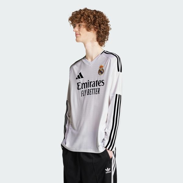 Koszulka Real Madrid 24/25 Long Sleeve Home. Białe koszulki sportowe męskie Adidas, s, bez wzorów, z materiału, bez kołnierzyka, bez ramiączek, do piłki nożnej. Za 499.00 zł.