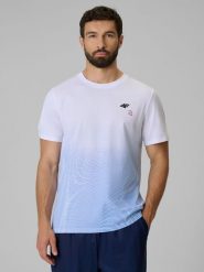 4F T-shirt regular z nadrukiem męski - niebieski M. Niebieskie koszulki sportowe męskie 4f, m, bez wzorów, z materiału, bez kołnierzyka, bez ramiączek, na fitness i siłownię. W wyprzedaży za 59.99 zł.