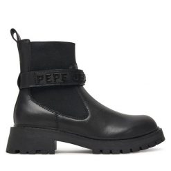 Botki Pepe Jeans. Czarne botki damskie Pepe Jeans, z jeansu, bez obcasa, na płaskiej podeszwie, bez zapięcia. Za 499.99 zł.