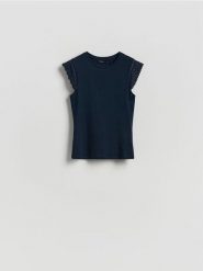 Bawełniana bluzka - granatowy. Niebieskie bluzki damskie Reserved, l, bez wzorów, z bawełny, bez kołnierzyka, bez ramiączek. Za 69.99 zł.