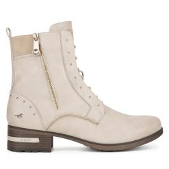 Trzewiki Mustang. Białe botki damskie Mustang, bez obcasa, na słupku, bez zapięcia. Za 369.99 zł.