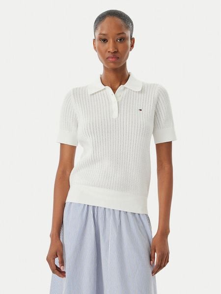 Tommy Hilfiger Sweter WW0WW49362 Biały Slim Fit. Białe swetry damskie Tommy Hilfiger, m, bez wzorów, z bawełny, bez kołnierzyka, bez ramiączek, bez kaptura. Za 525.99 zł.