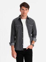 Koszula męska jeansowa na zatrzaski z kieszonkami - czarna V3 - Rozmiar: S. Czarne koszule męskie Ombre Clothing, l, bez wzorów, z bawełny, bez kołnierzyka, bez ramiączek. Za 169.99 zł.