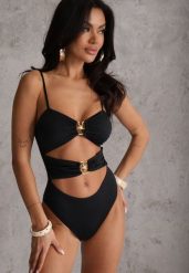 Czarny Jednoczęściowy Strój Kąpielowy Na Cienkich Ramiączkach ze Złotymi Ozdobami i Wycięciami Nonanoe. Czarne kostiumy jednoczęściowe damskie Renee, l, bez wzorów, z jeansu, eleganckie, plus size. Za 109.99 zł.