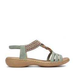 Sandały Rieker. Zielone sandały damskie Rieker, bez wzorów, bez obcasa, na płaskiej podeszwie, bez zapięcia. Za 319.99 zł.