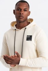 Ombre Bluza męska kangurka z kapturem i logotypem kremowa V2 OM-SSNZ-0162 L. Białe bluzy męskie Ombre, l, bez wzorów, z kapturem. Za 179.99 zł.