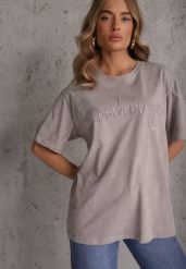 Szary Oversizowy T-shirt z Bawełny Zdobiony Haftem z Cekinami Marivia. Szare bluzki damskie Renee, l, z aplikacjami, z bawełny, eleganckie, bez kołnierzyka, bez ramiączek. Za 59.99 zł.