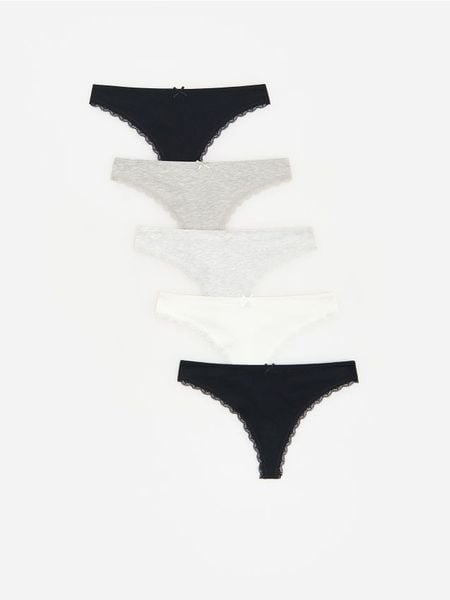 Bawełniane majtki typu stringi 5 pack - szary. Szare stringi damskie Reserved, l, bez wzorów, z bawełny. Za 79.99 zł.