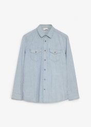 Koszula jeansowa w paski, z czystej bawełny. Niebieskie koszule męskie bonprix, m, bez wzorów, z bawełny, bez kołnierzyka, bez ramiączek. Za 114.99 zł.