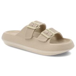 Klapki damskie Vinceza, gumowe profilowane z klamram na basen na wakacje klasyczne, beżowe, 76056-BE. Brązowe sandały damskie VINCEZA, bez wzorów, z gumy, bez obcasa, bez zapięcia. Za 69.99 zł.