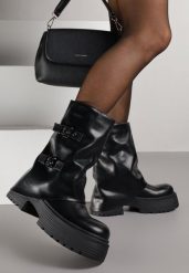 Czarne Botki Biker VICES z Cholewką Imitującą Nogawkę z Klamrami Reiladia. Czarne botki damskie Born2be, z jeansu, bez obcasa, na płaskiej podeszwie, bez zapięcia. Za 169.99 zł.