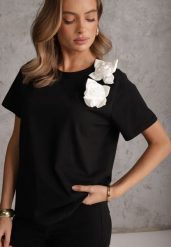 Czarno-Biały Bawełniany T-shirt o Klasycznym Kroju z Kwiatowymi Aplikacjami 3D Morgane. Czarne bluzki damskie Renee, l, z aplikacjami, z bawełny, biznesowe, bez kołnierzyka, bez ramiączek. Za 59.99 zł.