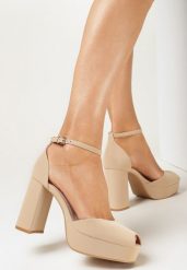 Ciemnobeżowe Sandały na Słupku i Platformie z Noskiem Peep Toe Jelesia. Brązowe sandały damskie Born2be, bez wzorów, bez obcasa, na obcasie, bez zapięcia. Za 54.99 zł.