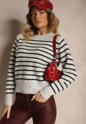 Jasnoszary Casualowy Sweter w Paski o Prostym Kroju Riavelleth. Szare swetry damskie Renee, bez wzorów, z jeansu, casualowe, bez kołnierzyka, bez ramiączek, długie, bez kaptura. Za 129.99 zł.