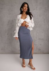 Niebieska Teksturowana Spódnica Ołówkowa z Rozcięciem z Boku Piremilia. Niebieskie spódnice damskie Renee, m, bez wzorów, z tkaniny, eleganckie, maxi, dopasowane. Za 49.99 zł.