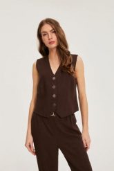 Kamizelka z dodatkiem lnu brązowa. Brązowe żakiety damskie MOODO, l, bez wzorów, ze lnu. Za 119.99 zł.