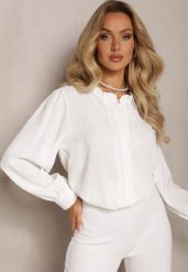 Biała Koszula z Wiskozy Ozdobiona Koronką i Falbanką w Postaci Stójki Nesaviki. Białe bluzki damskie Renee, l, bez wzorów, z jeansu, biznesowe, bez kołnierzyka, bez ramiączek. Za 59.99 zł.