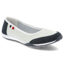 Baleriny damskie Filippo, skórzane na płaskiej podeszwie wsuwane i dziurkowane, biało-granatowe, DP142-25. Białe baleriny damskie Filippo, z aplikacjami, eleganckie, bez obcasa, na płaskiej podeszwie. Za 99.99 zł.