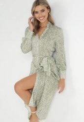 Zielono-Biała Sukienka Asoele. Zielone sukienki damskie Born2be, l, bez wzorów, z materiału, klasyczne, bez kołnierzyka, bez ramiączek, midi, koszulowe. Za 79.99 zł.