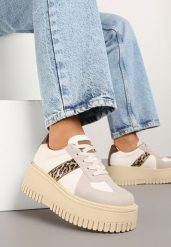 Beżowo-Panterkowe Sneakersy na Grubej Podeszwie z Ozdobnym Paskiem Viviriana. Brązowe obuwie sportowe damskie Born2be, bez wzorów, z jeansu. Za 89.99 zł.