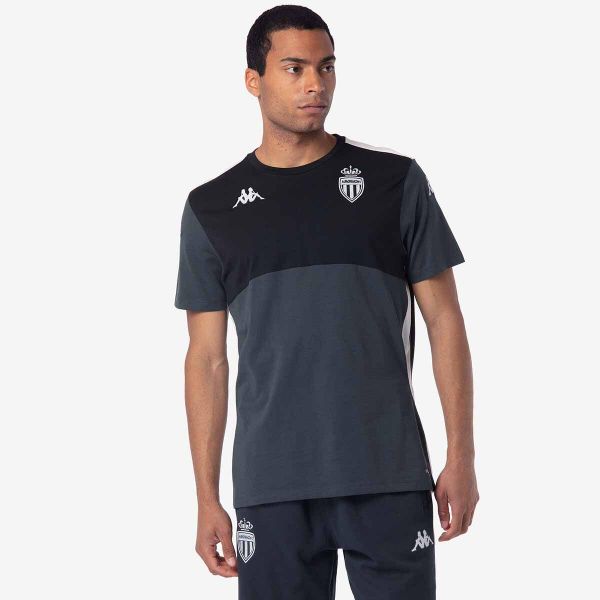 Koszulka AS Monaco Ayba 8 2024/25. Czarne koszulki sportowe męskie Kappa, bez wzorów, bez kołnierzyka, bez ramiączek, do piłki nożnej. Za 167.30 zł.