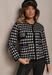 Czarny Wiskozowy Kardigan Ozdobiony Wzorem w Pepitkę i Guzikami Saveri. Czarne kardigany damskie Renee, bez wzorów, z wiskozy, eleganckie, bez kołnierzyka, bez ramiączek, bez kaptura. Za 84.99 zł.