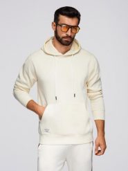 Męska bluza dresowa BASIC kangurka z kapturem - kremowa V11 - Rozmiar: M. Białe bluzy męskie Ombre Clothing, m, bez wzorów, z bawełny, z kapturem. Za 155.99 zł.