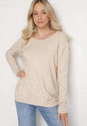 Beżowy Sweter z Kaszmirem i Ozdobnymi Kieszeniami Sanarea. Brązowe swetry damskie Born2be, bez wzorów, z jeansu, eleganckie, bez kołnierzyka, bez ramiączek, długie, bez kaptura. Za 84.99 zł.