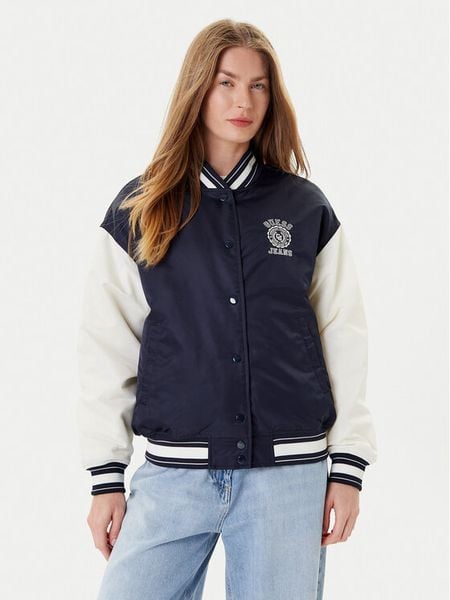 Guess Jeans Kurtka bomber W5YL15 WHAA2 Granatowy Regular Fit. Niebieskie kurtki damskie Guess Jeans, xs, z aplikacjami, z jeansu, bez kaptura. Za 409.99 zł.