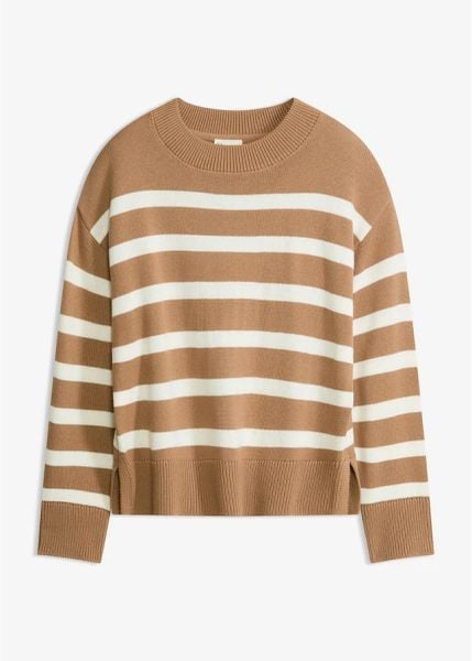 Sweter z cienkiej dzianiny z mieszanki bawełny. Brązowe swetry damskie bonprix, bez wzorów, z bawełny, bez kołnierzyka, bez ramiączek, bez kaptura. Za 64.99 zł.