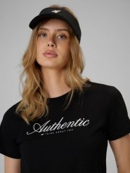 4F T-shirt regular z nadrukiem damski - czarny S. Czarne t-shirty damskie 4f, s, bez wzorów, z bawełny, biznesowe, bez kołnierzyka. Za 59.99 zł.