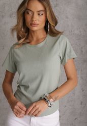 Ciemnozielony T-shirt Basic z Okrągłym Dekoltem Dolea. Zielone bluzki damskie Renee, m, bez wzorów, z jeansu, casualowe, bez kołnierzyka. Za 49.99 zł.