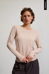 Sweter z ozdobnymi koralikami beżowy. Brązowe swetry damskie MOODO, l, bez wzorów, z poliamidu, bez kołnierzyka, bez ramiączek, bez kaptura. Za 149.99 zł.