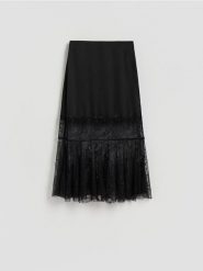 Spódnica midi z koronką - czarny. Czarne spódnice damskie Reserved, l, bez wzorów, z koronki, midi, rozkloszowane. Za 149.99 zł.