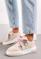 Beżowo-Różowe Sneakersy na Niskiej Platformie z Szerokimi Sznurówkami Gritte. Brązowe obuwie sportowe damskie Born2be, bez wzorów. Za 99.99 zł.