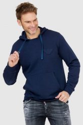 EMPORIO ARMANI Granatowa bluza męska z kapturem i logo, Rozmiar S. Niebieskie bluzy męskie Emporio Armani, l, bez wzorów, prążkowane, z kapturem. W wyprzedaży za 342.99 zł.