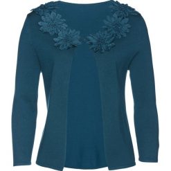 Sweter rozpinany z kwiatową aplikacją bonprix niebieskozielony. Niebieskie kardigany damskie bonprix, z aplikacjami. Za 129.99 zł.