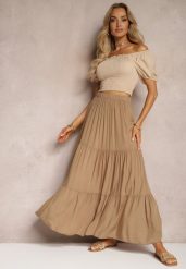 Ciemnobeżowa Wiskozowa Spódnica High Waist z Gumką w Talii i Falbanką Christiara. Brązowe spódnice damskie Renee, na lato, bez wzorów, z materiału, z podwyższonym stanem, maxi. Za 39.99 zł.