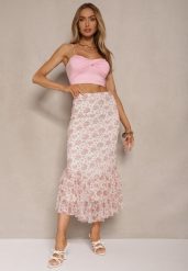 Biało-Różowa Dopasowana Spódnica z Ozdobną Falbaną Efravaria. Białe spódnice damskie Renee, m, bez wzorów, eleganckie, midi, dopasowane. Za 69.99 zł.