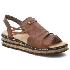 Sandały damskie Rieker, cholewka ze skóry ekologicznej elastyczne paski z tyłu na płaskiej podeszwie, brązowe, 62962-22. Brązowe paski damskie Rieker, bez wzorów, ze skóry ekologicznej. Za 299.00 zł.
